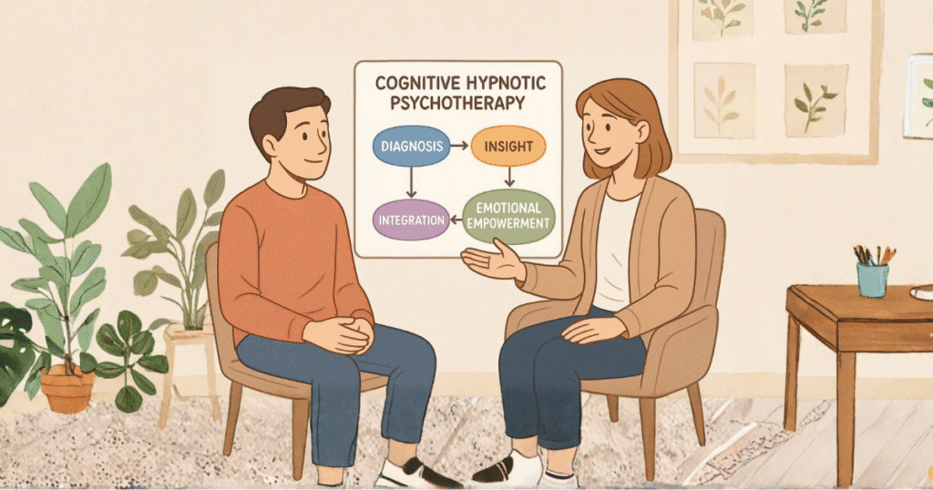 A therapist using Cognitive Hypnotic Psychotherapy techniques to help client overcome inner conflicts