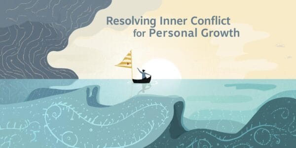 Person sailing through waves owards personal growth thinking about ways to resolve inner conflict t.