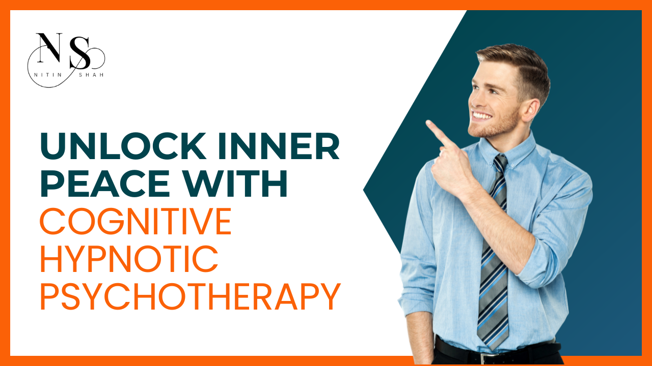 Smiling man pointing at hypnotherapy ad text.