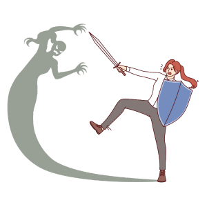 Woman battling shadow monster with sword and shield.