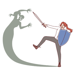 Brave warrior battling a shadowy figure representing societal pressures to achieve inner peace.