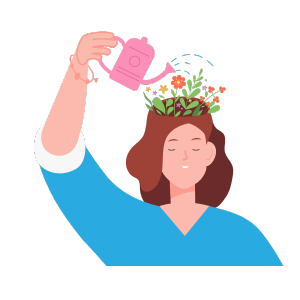 Woman watering head with plant pot illustration.